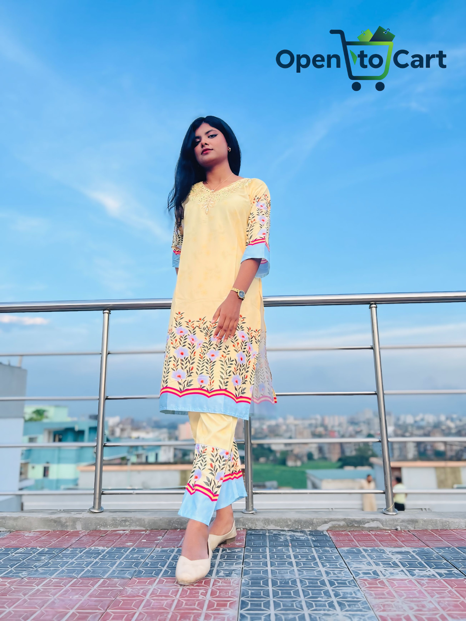 Dubai Silk 2-Piece Dress – Mirror Work & Floral Print - Image 2