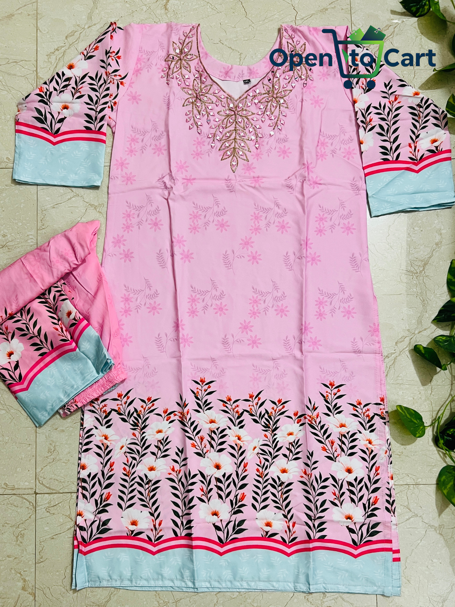 Dubai Silk 2-Piece Dress – Mirror Work & Floral Print - Image 3