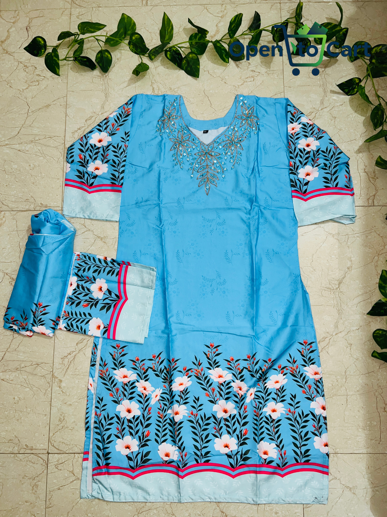 Dubai Silk 2-Piece Dress – Mirror Work & Floral Print - Image 4