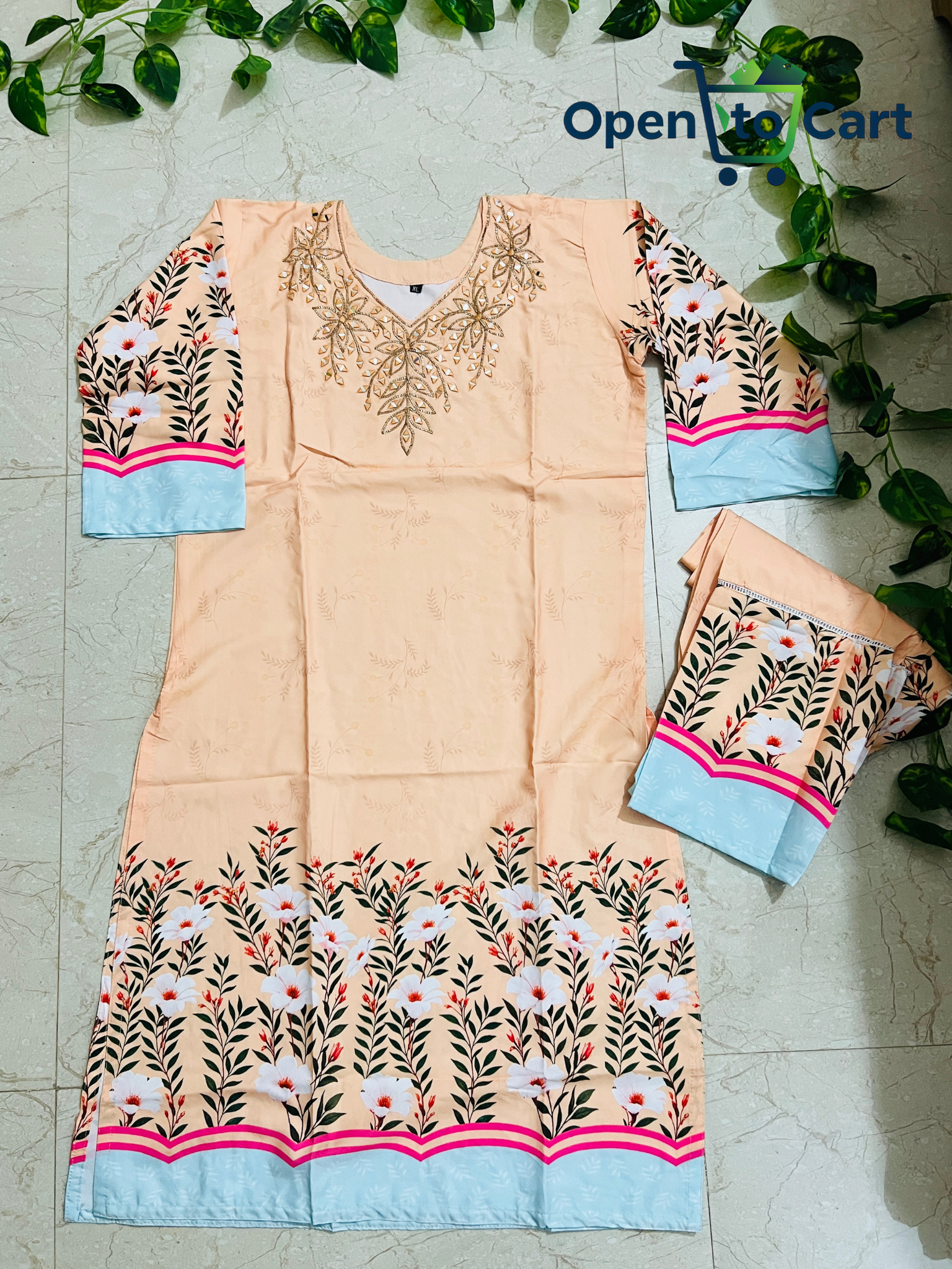 Dubai Silk 2-Piece Dress – Mirror Work & Floral Print - Image 6