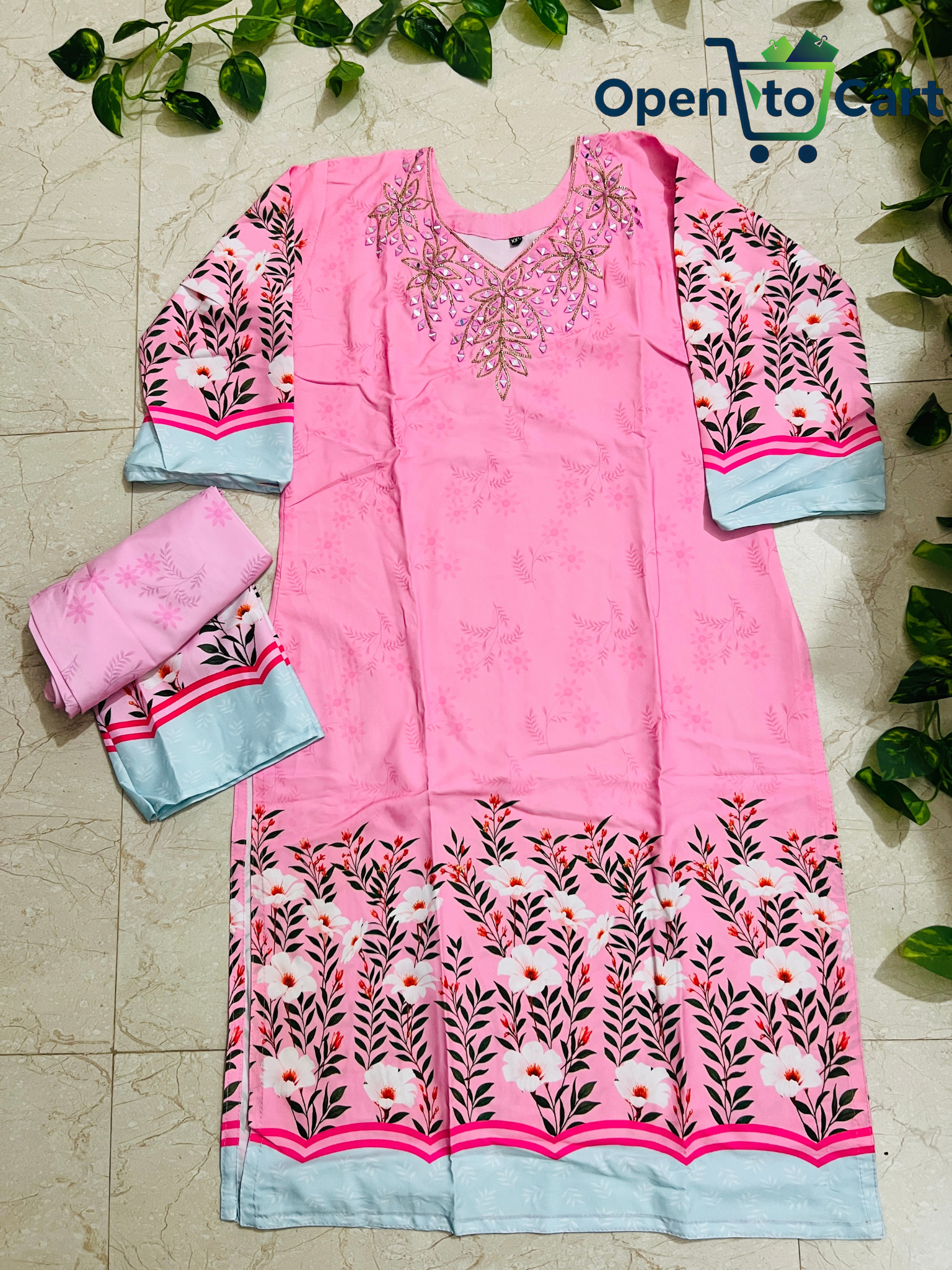 Dubai Silk 2-Piece Dress – Mirror Work & Floral Print - Image 5