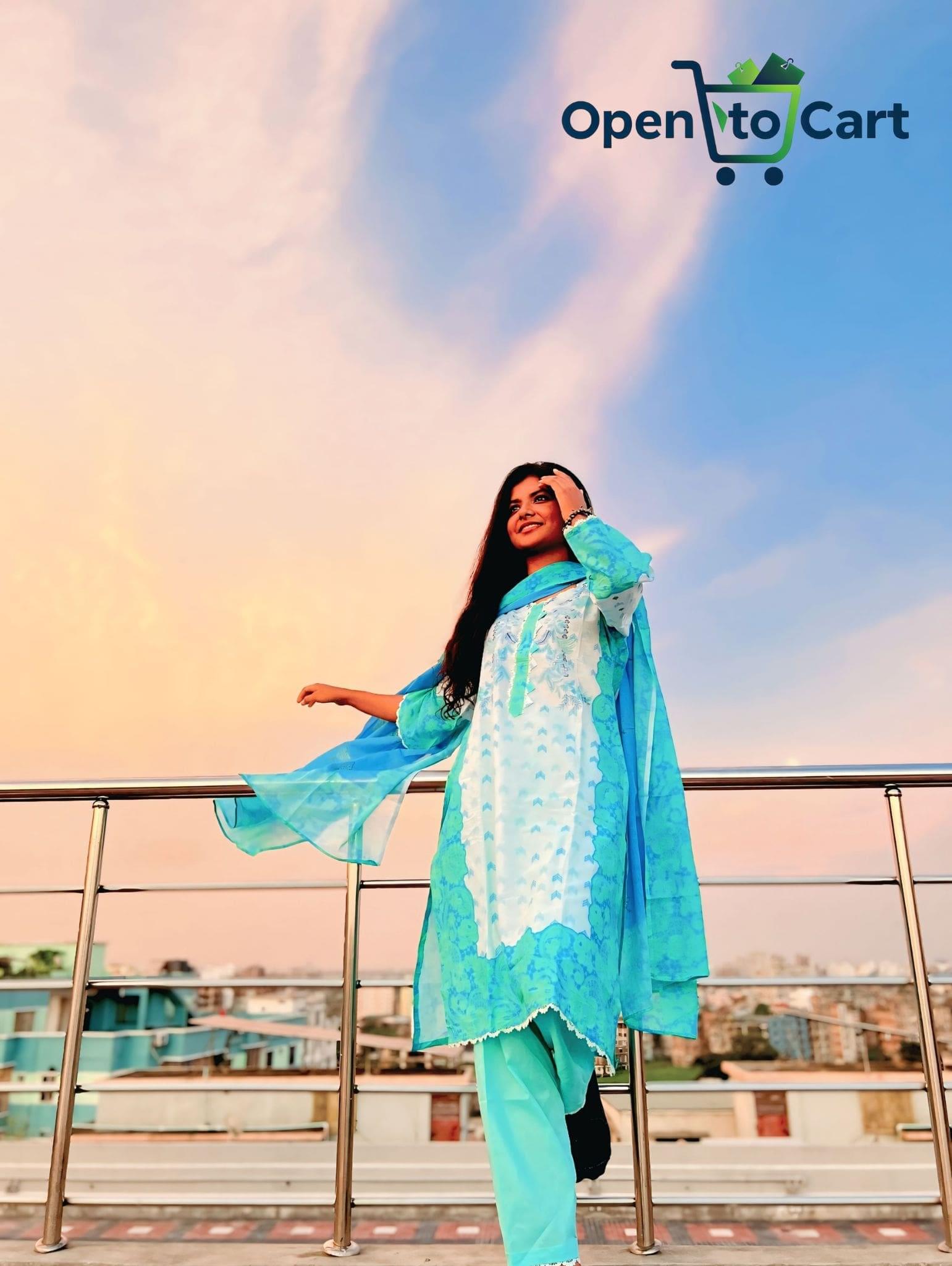 Pakistani Inspired Three-Piece | Aqua Breeze (Sky Blue with soft floral patterns)