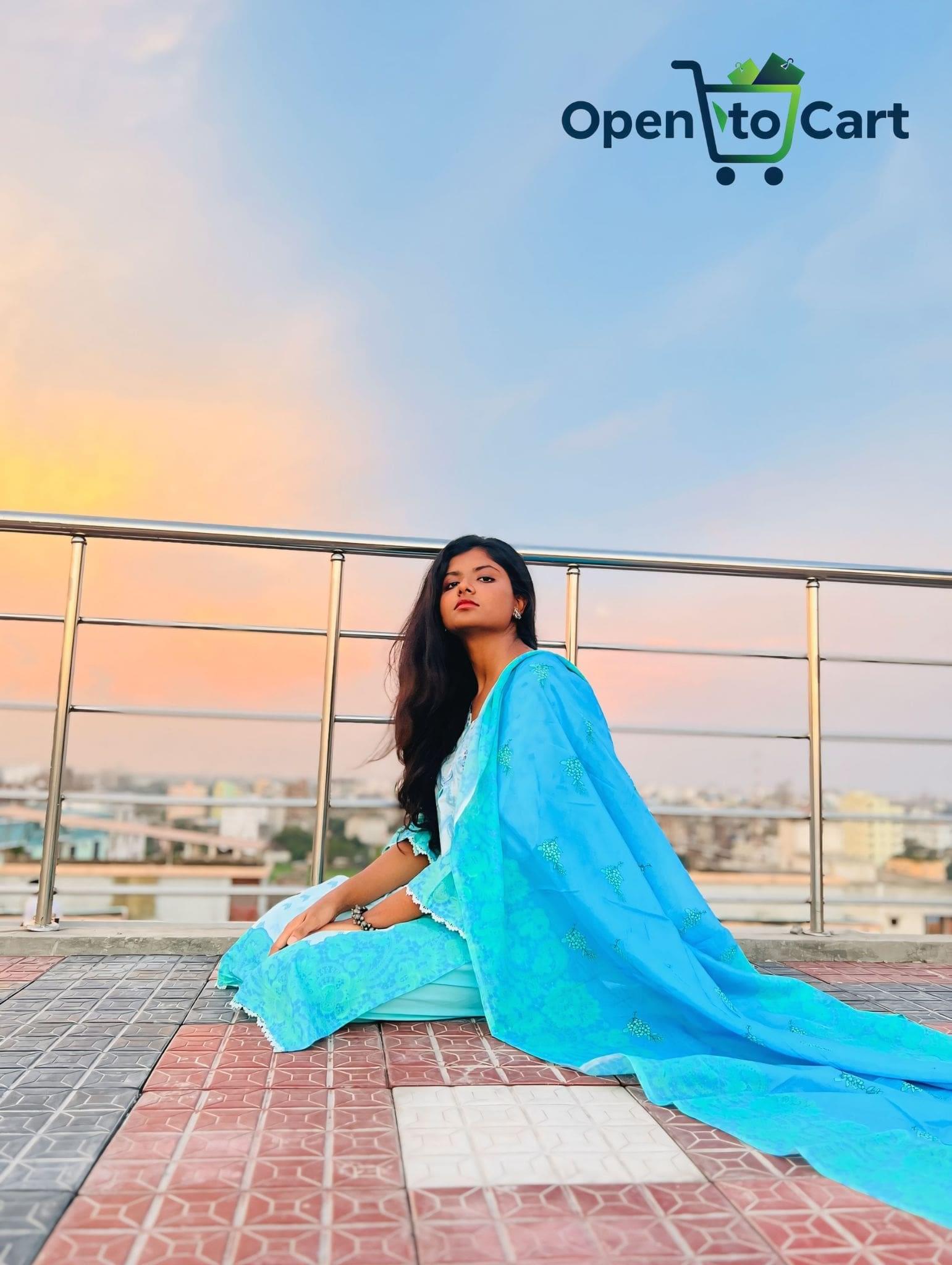 Pakistani Inspired Three-Piece | Aqua Breeze (Sky Blue with soft floral patterns) - Image 2