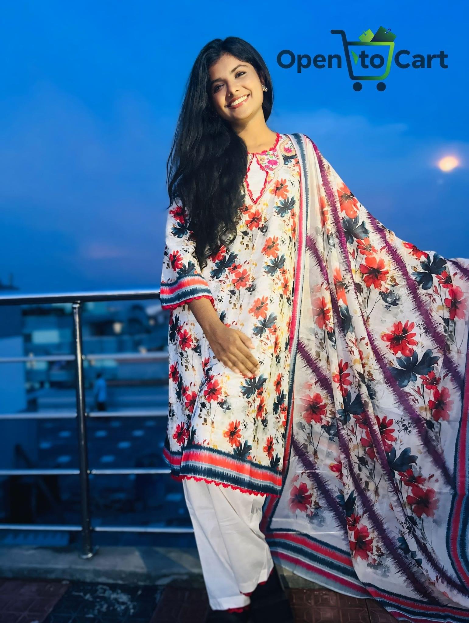 Pakistani Inspired Three-Piece | Blossom White With Floral Print - Image 3