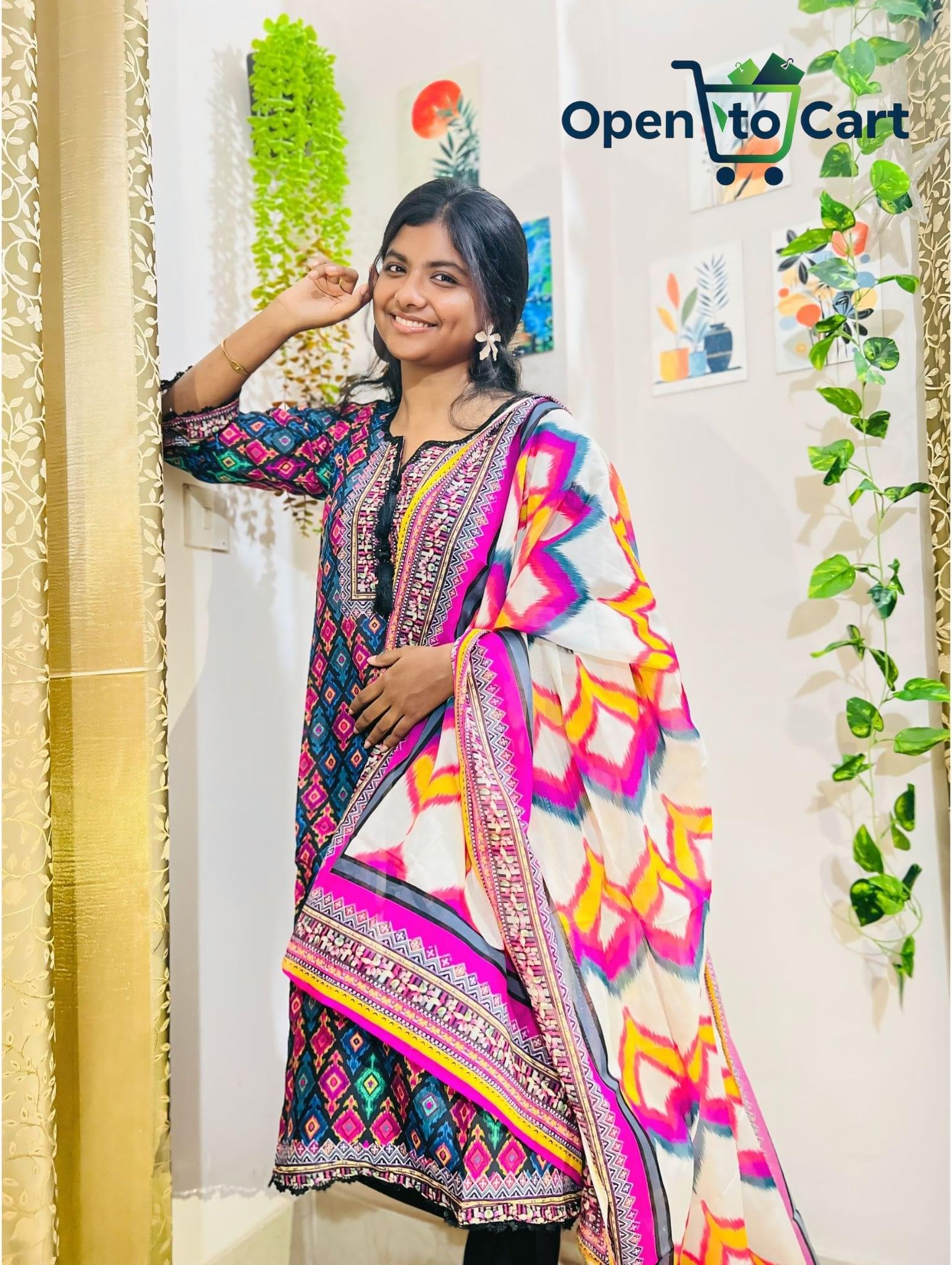 Pakistani Inspired Three-Piece | Boho Blossom (Pink with lively tribal prints) - Image 3