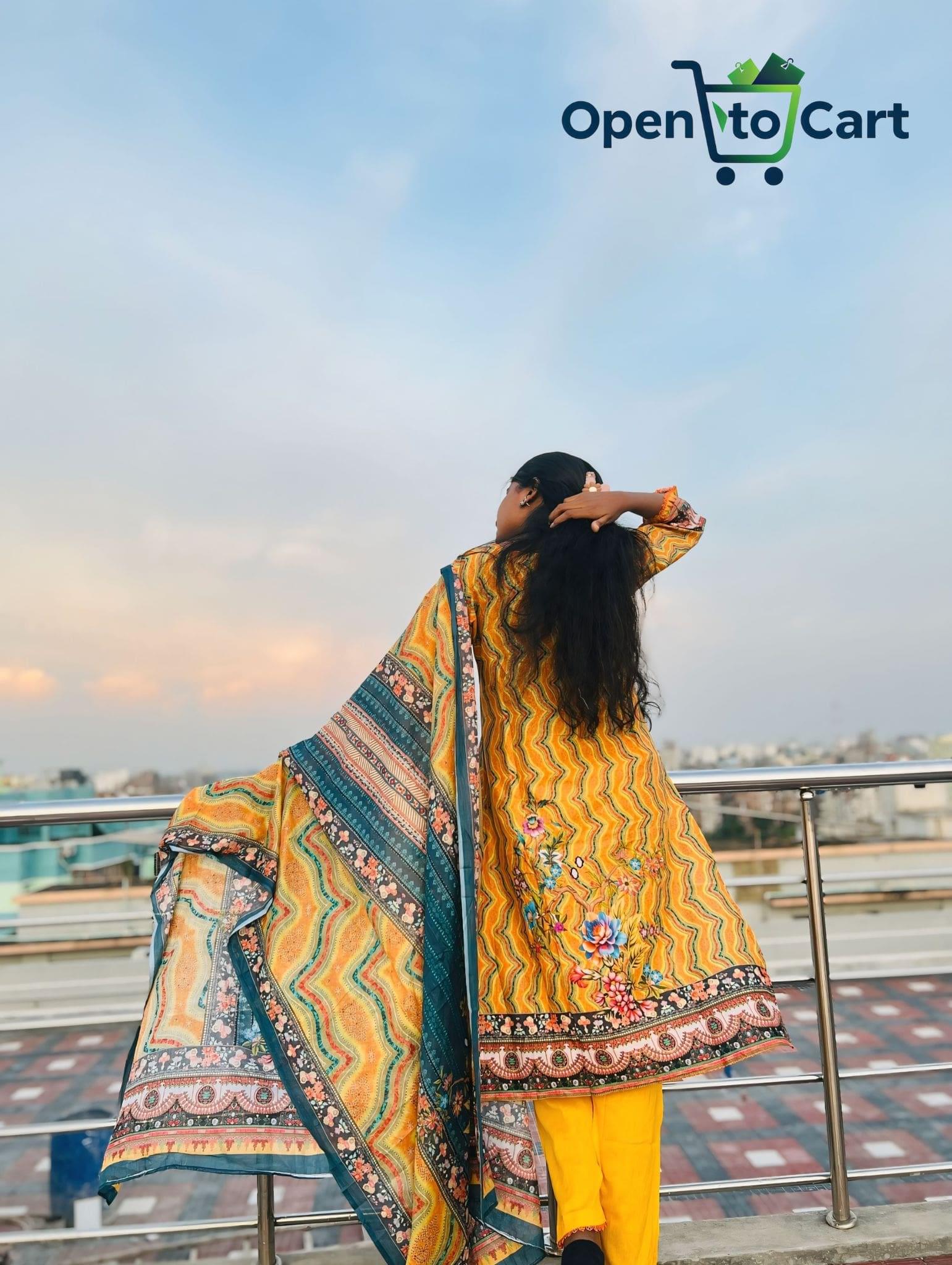 Pakistani Inspire Premium Cotton Three-Piece | Golden Bloom (Yellow with vibrant patterns) - Image 2