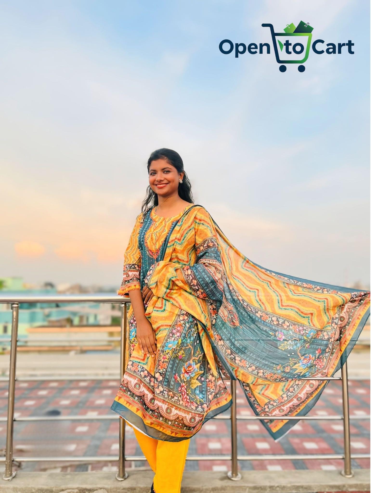 Pakistani Inspire Premium Cotton Three-Piece | Golden Bloom (Yellow with vibrant patterns)