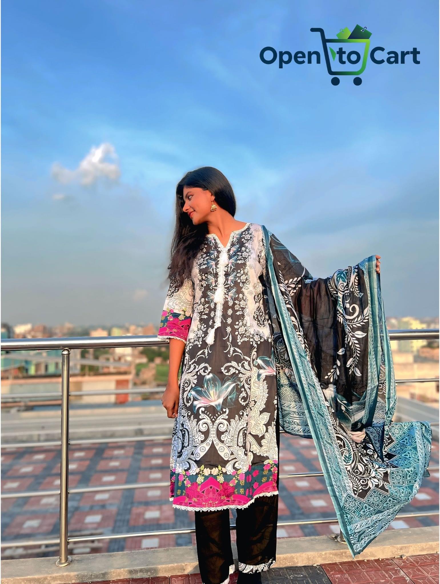 Pakistani Inspire Premium Cotton Three-Piece | Midnight Blossom (Black with colorful floral print)