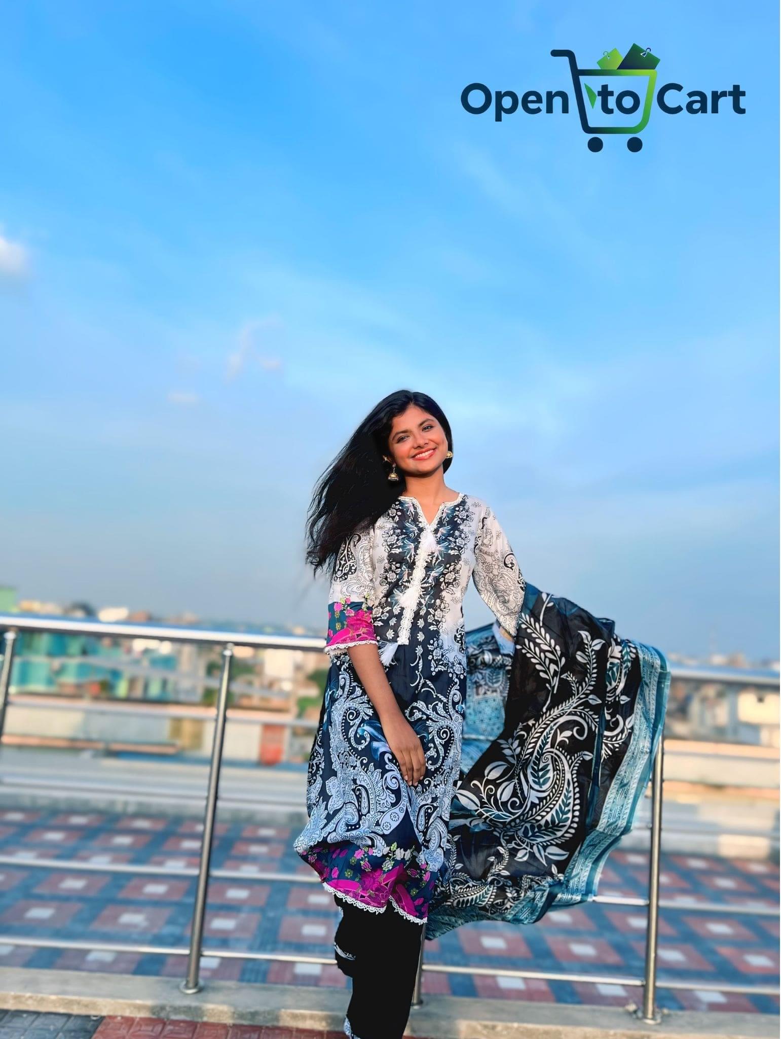 Pakistani Inspire Premium Cotton Three-Piece | Midnight Blossom (Black with colorful floral print) - Image 3