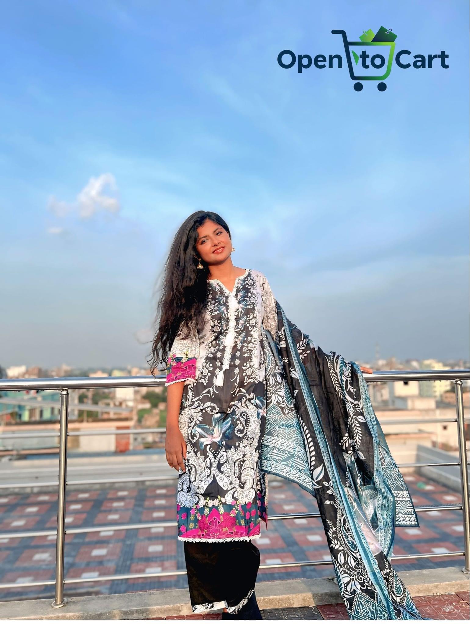 Pakistani Inspire Premium Cotton Three-Piece | Midnight Blossom (Black with colorful floral print) - Image 2